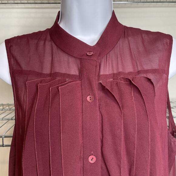 Theory Women's Burgundy Sheer Silk Sleeveless Blouse Size M Old Money Euro Chic - Picture 8 of 11
